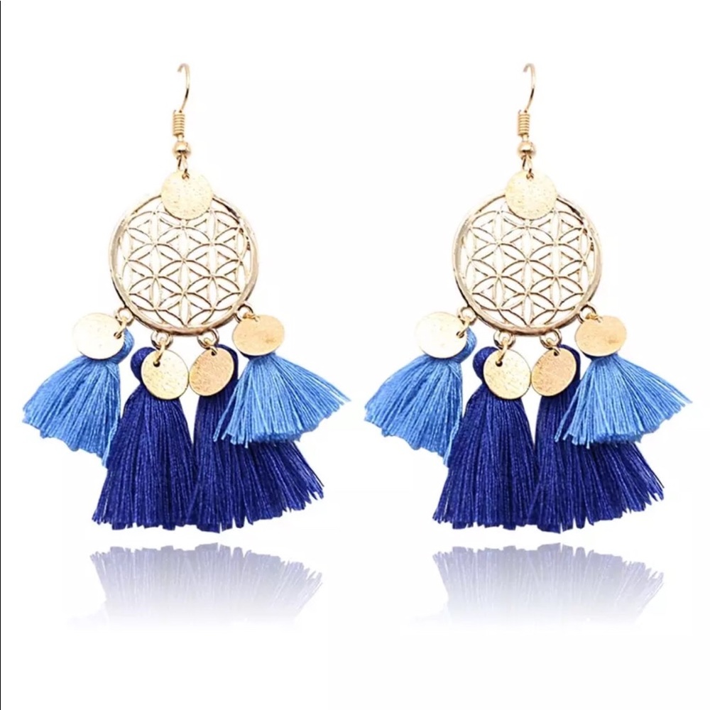 Boho Blue & Gold Dreamcatcher Tassel Earrings